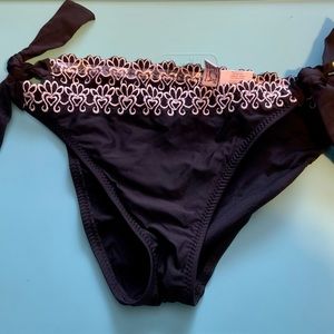 Becca women’s swimsuit bikini tie side hipster cheeky black white appliqué